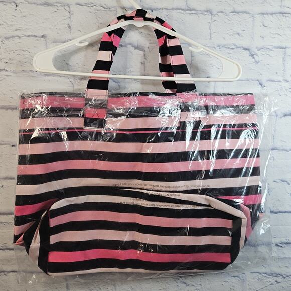 Victoria's Secret "Hello, Bombshell" Tote Beach Bag Black Pink Striped New - Picture 4 of 4